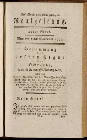 41tes Stück. Wien den 16ten Weinmonat 1773.