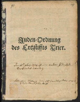 Juden-Ordnung des Ertzstiffts Trier