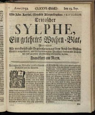 (LXXVI. Stück.) den 19. Sept. Anno 1752.
