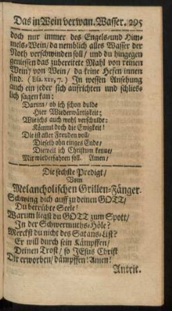 Die sechste Predigt/ Vom Melancholischen Grillen-Fänger.
