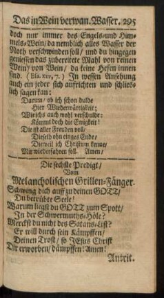 Die sechste Predigt/ Vom Melancholischen Grillen-Fänger.