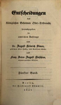 Entscheidungen des Königlichen Obertribunals. 5. 1841
