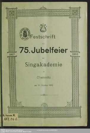 Festschrift zur 75. Jubelfeier der Singakademie zu Chemnitz am 31. October 1892