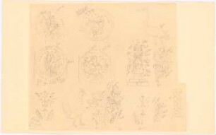 Buchornamentik: Evangeliar (?): Skizzen Medaillons mit Allegoriendarstellung der Himmelrichtungen Oriens, Occidens, Septentrio und Meridies, Hahn- und Storchendarstellungen, Ranken- und geometrische Säulenornamentik, Farbangaben