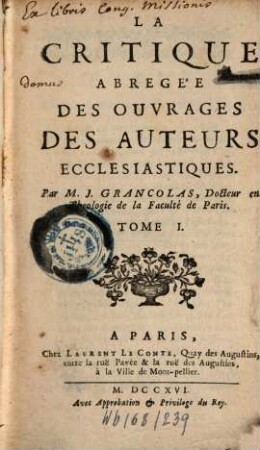La Critique Abregée Des Ouvrages Des Auteurs Ecclesiastiques, 1