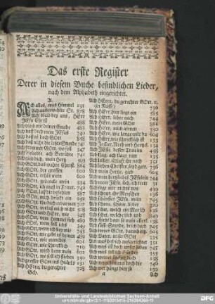 Das erste Register Derer in diesem Buche befindlichen Lieder, nach dem Alphabeth eingerichtet.