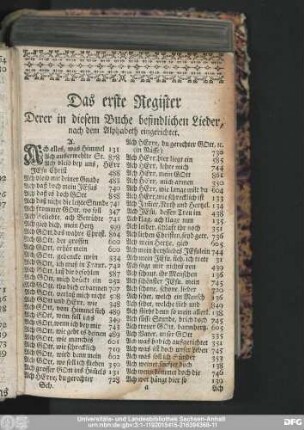 Das erste Register Derer in diesem Buche befindlichen Lieder, nach dem Alphabeth eingerichtet.