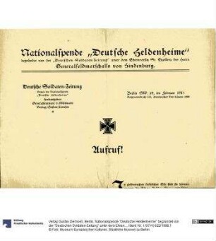 Nationalspende "Deutsche Heldenheime" begründet von der "Deutschen Soldaten-Zeitung" unter dem Ehrenvorsitz Sr. Exzellenz des Generalfeldmarschalls von Hindenburg.