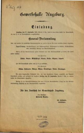 Einladung : Samstag, den 27. September 1873, Abends 8 Uhr, findet in dem oberen Lokale der Gewerbehalle, die laut § 16 der Vereinstatuten vorgeschriebene General-Versammlung statt ...