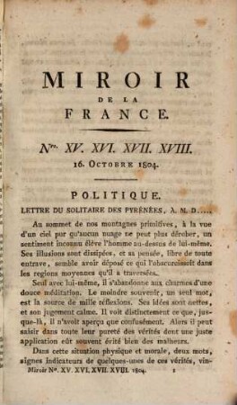 Miroir de la France : recueil historique, politique et littéraire. 15/18. 1804, 16. Oktober