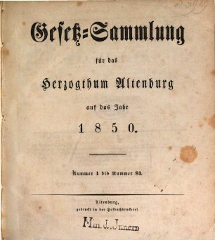 Gesetz-Sammlung für das Herzogthum Altenburg : auf das Jahr .... 1850