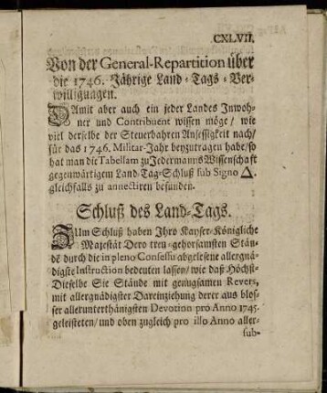 Von der General-Repartition über die 1746. Jährige Land-Tags-Verwilligungen
