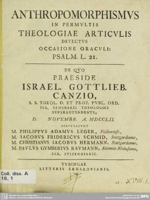Anthropomorphismus In Permultis Theologiae Articulis Detectus Occasione Oraculi: Psalm. L. 21.