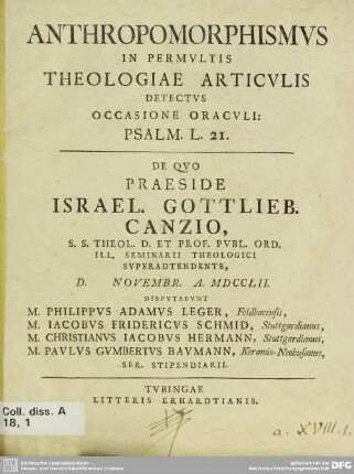 Anthropomorphismus In Permultis Theologiae Articulis Detectus Occasione Oraculi: Psalm. L. 21.