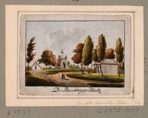 Die künstliche Felsengrotte, auch Eremitage genannt, mit Aussichtsplattform und das Gasthaus auf dem Borsberg bei Pillnitz