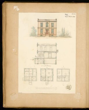 Villa Monatskonkurrenz Februar 1875: Grundriss Keller, Erdgeschoss, Obergeschoss, Aufriss Vorderansicht, Querschnitt; 2 Maßstabsleisten