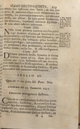 Sessio XV. Quae est V. sub Julio III. Pont. Max. Celebrata die 25. Januarii. 1552. Decretum prorogationis Sessionis.
