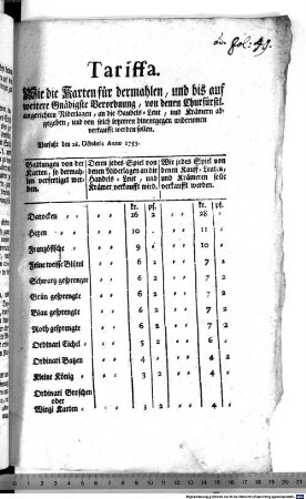 Tariffa. Wie die Karten für dermahlen, und bis auf weitere Gnädigste Verordnung, von denen Churfürstl. angerichten Niderlagen, an die Handels-Leut, und Krämern abgegeben, und von solch letzteren hinentgegen widerumen verkaufft werden sollen : Verfaßt den 26. Octobris Anno 1753.