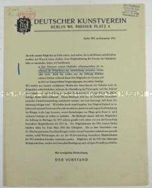 Rundschreiben des Deutschen Kunstvereins zur Zahlung der Jahresbeiträge während des Krieges