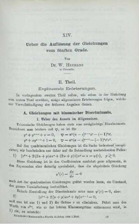 XIV. Ueber die Auflösung der Gleichungen vom fünften Grade.
