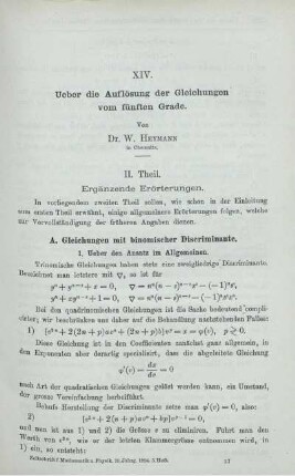 XIV. Ueber die Auflösung der Gleichungen vom fünften Grade.