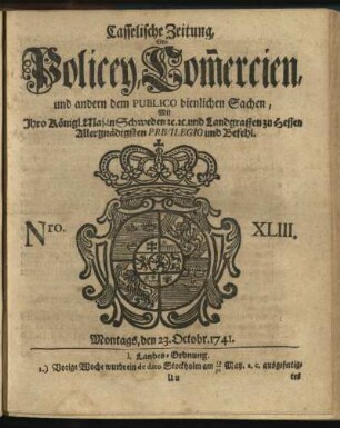 Nro. XLIII, Montags, den 23. Octobr. 1741