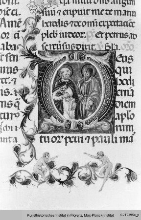Missale Romanum : Textseite mit Randseitenbordüre, Bordürenstab und historisierter Initiale D: Petrus und Paulus