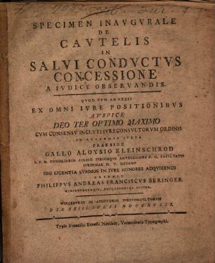 Specimen inaugurale de cautelis in salvi conductus concessione a iudice observandis