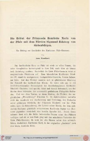 14: Die Heirat der Prinzessin Henriette Marie von der Pfalz mit dem Fürsten Sigmund Rákóczy von Siebenbürgen : ein Beitrag zur Geschichte des Kurhauses Pfalz-Simmern