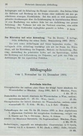 Bibliographie vom 1. November bis 15. December 1884.