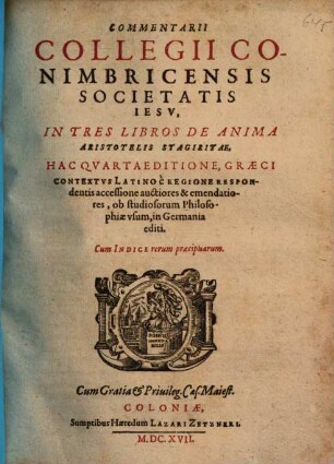 Commentarii Collegii Conimbricensis, Societatis Jesu, in tres libros de anima Aristotelis