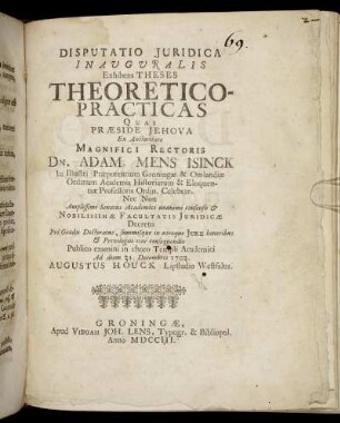 Disputatio Iuridica Inauguralis Exhibens Theses Theoretico-Practicas