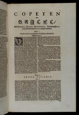 Copeyen Der Briefe/ Resolutionen, Placaten, Declarationen, Verbindnüssen etc. so im Verwirrten Europa allegiret worden.