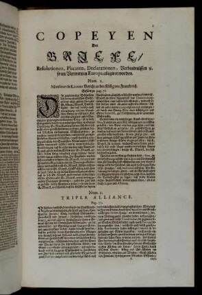 Copeyen Der Briefe/ Resolutionen, Placaten, Declarationen, Verbindnüssen etc. so im Verwirrten Europa allegiret worden.