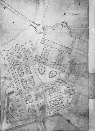 Entwurf zur Umgestaltung von Schloss und Zwinger : Grundrissplan. Entwurf zur Umgestaltung von Residenzschloss und Erweiterung des Zwingers in Richtung Elbe.