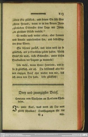 Drey und zwanzigster Brief. Henriette von Thalheim an Karl von Thalheim