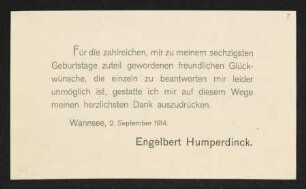 Brief von Engelbert Humperdinck und Hedwig Humperdinck an Gerhart Hauptmann
