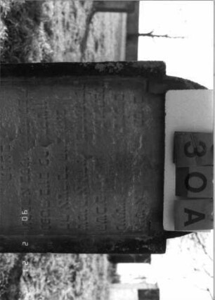 Grabstein 30 (Index: 100116127) Material: Sandstein Zustand: verwittert mit teilweisem Textverlust Maße HxBxT: 118x68x21 cm Beschreibung: aufgesockelte Stele mit eingezogenem Rundbogenabschluß, eingetieftes Schriftfeld: Grabstein 30A
