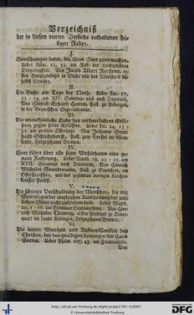 Verzeichniß der in diesem vierten Versuche enthaltenen heiligen Reden.