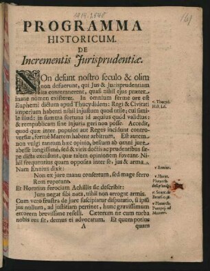 Programma Historicum. De Incrementis Iurisprudentiae : [... Coloniae Brandenb. d. 9. Iulii 1687]