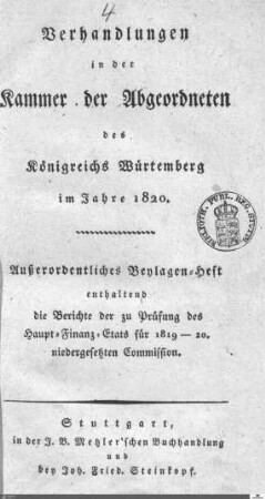 1,1: Landtag Württemberg - Kammer 2, Beilagen, 1820, Bd. 1