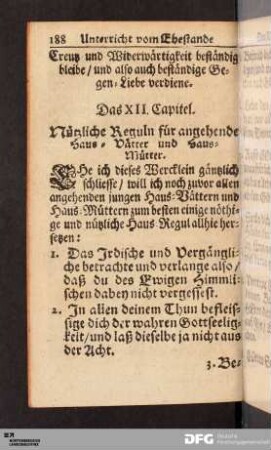 Das XII. Capitel. Nützliche Reguln für angehende Haus-Vätter und Haus-Mütter.