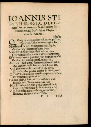 Ioannis Stigelii Elegia, Deplorans hominum vicia, & adhortans iuventutem ad doctrinam Physicam de Anima.