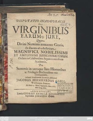 Disputatio Inauguralis De Virginibus Earumq[ue] Iure