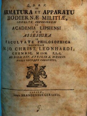 De Armatura Et Apparatu Hodiernæ Militiæ