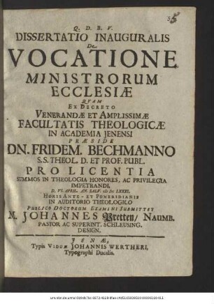 Dissertatio Inauguralis De Vocatione Ministrorum Ecclesiae