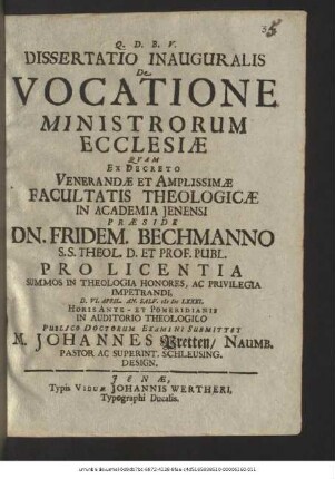 Dissertatio Inauguralis De Vocatione Ministrorum Ecclesiae