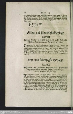 Acht und siebentzigste Beylage. Extract Schreibens der Fürstlich-Schwerinischen Geheimbten Regierungs-Räthe, an Herrn Hertzog Gustav Adolph, de dato Schwerin 20. Julii 1670.