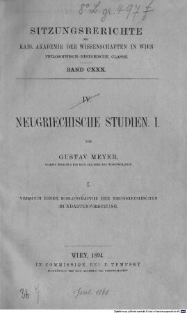 Neugriechische Studien, 1. Versuch einer Bibliographie der neugriechischen Mundartenforschung