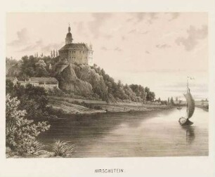 Das Schloss Hirschstein am linken Elbufer zwischen Meißen und Riesa von Süden